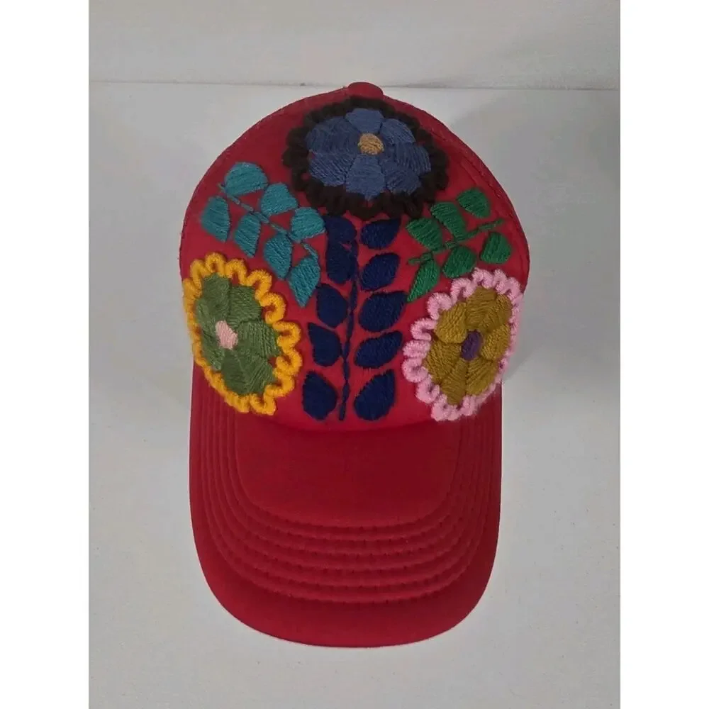 Mexican Hand Embroidered Floral Trucker Hat Chiapas Oaxaca Folk Art Adjustable